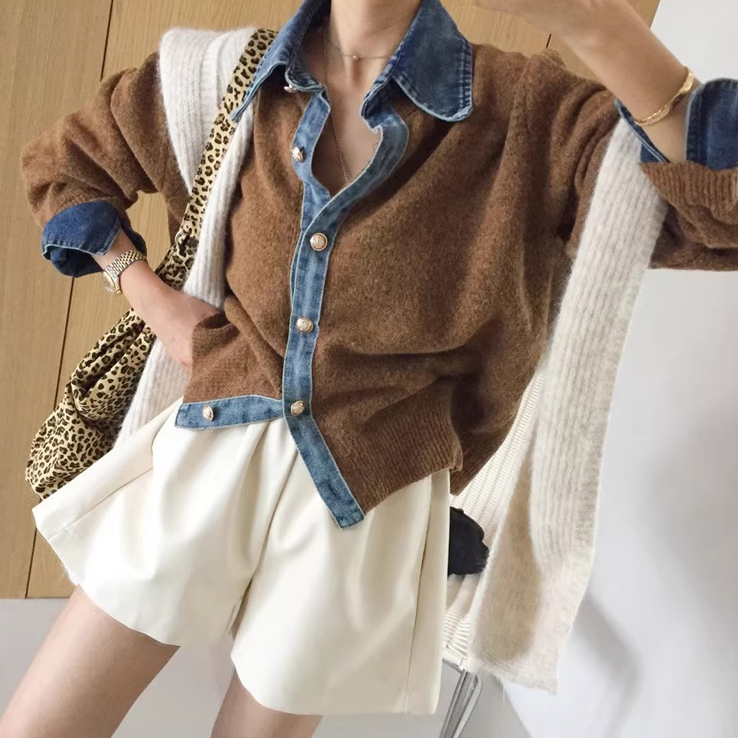 设计感拼接牛仔翻领针织毛衣外套