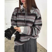 宽松休闲针织衫 学院风撞色条纹软糯百搭polo领毛衣女2025冬季 新款