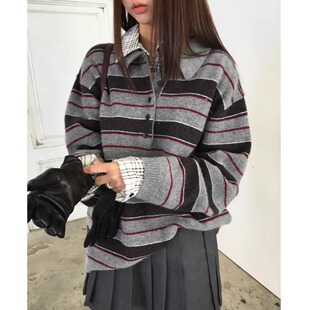 学院风撞色条纹软糯百搭polo领毛衣女2025冬季新款宽松休闲针织衫