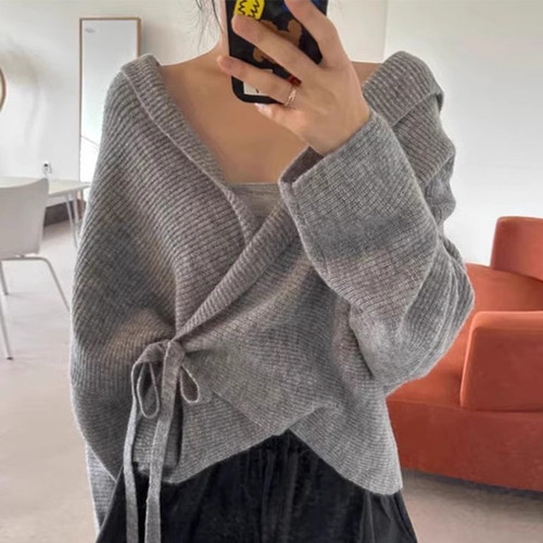 系带设计宽松百搭针织衫外套