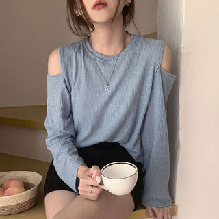 韩国chic温柔设计感露肩长袖T恤女秋季韩版宽松休闲薄款打底上衣