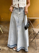 韩国chic夏季 复古百搭高腰遮跨显瘦拼接毛边水洗A字牛仔半身裙女