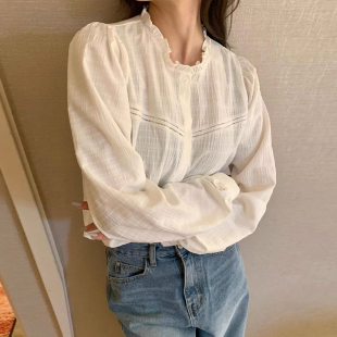 春季 肌理感衬衫 新款 复古白色木耳边镂空泡泡袖 上衣女 法式 良良家