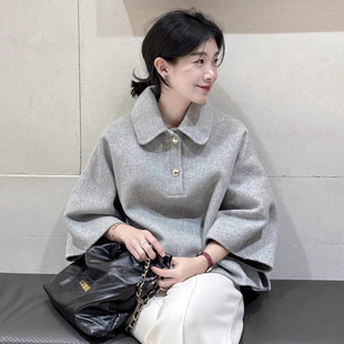 韩国chic秋冬小众复古POLO领宽松休闲百搭喇叭袖呢子短外套上衣女