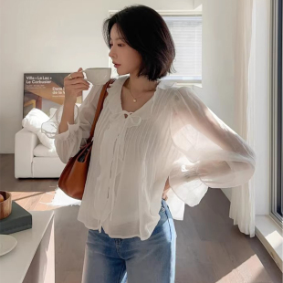 衬衫 良良家 甜美减龄荷叶边波浪领压褶系带微透长袖 新款 女 春季