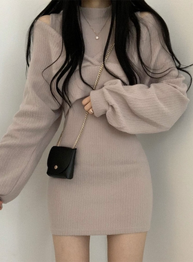 韩国chic气质性感立领无袖修身包臀连衣裙+露肩扭结灯笼袖外套女