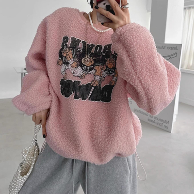 减龄卡通字母印花毛绒卫衣女