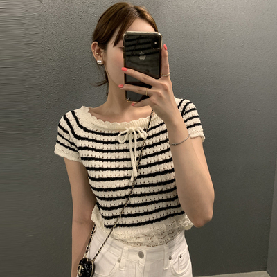 chic圆领撞色条纹修身显瘦针织衫