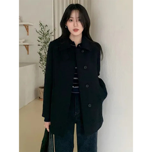 良良家高级感黑色短款毛呢外套女冬季新款复古正肩系带呢子大衣