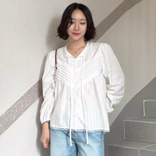 女早春季 衬衫 宽松百搭纯色上衣 饰飘带长袖 复古文艺蕾丝拼接V领装
