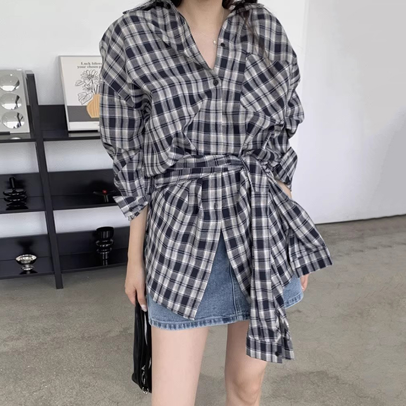 韩国chic秋冬新款法式复古翻领绑带收腰显瘦单口袋长袖格子衬衫女