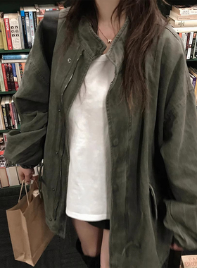 韩国chic秋季新款复古帅气立领宽松休闲长袖拉链式百搭夹克外套女