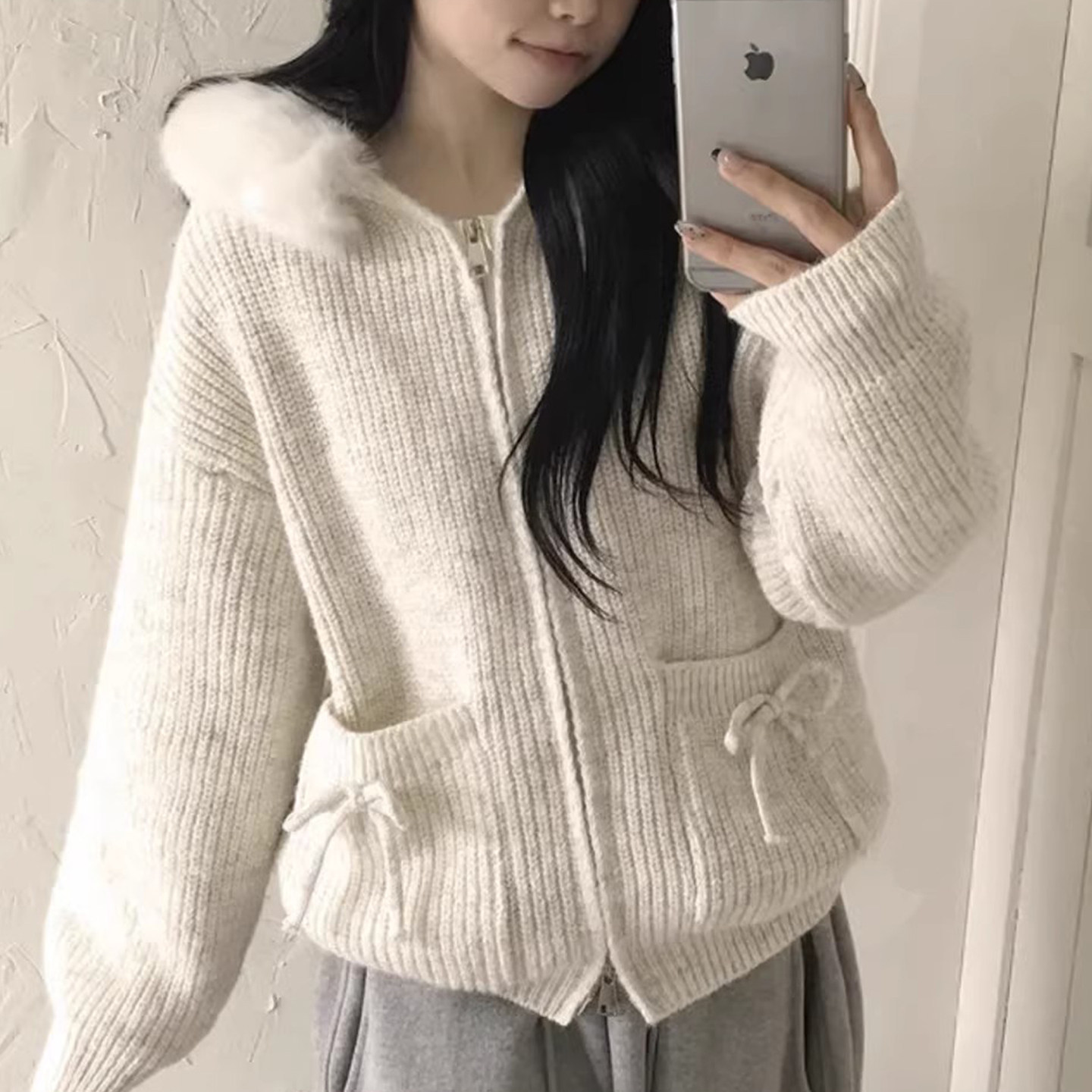 慵懒风坑条毛绒绒连帽长袖针织开衫女早春季新款宽松百搭毛衣外套,女装/女士精品,毛针织衫,淘宝优惠券,粉丝福利购,淘宝优惠卷