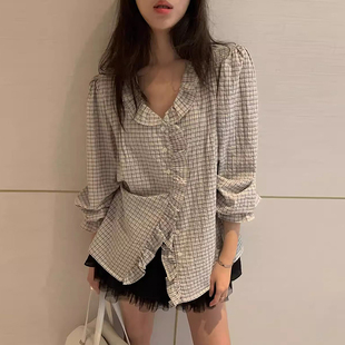 韩国chic秋季新款复古减龄拼接荷叶边装饰撞色格子长袖衬衫上衣女