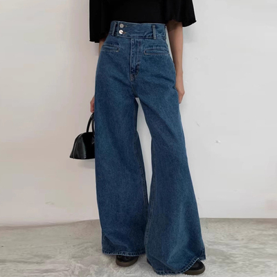 设计感不规则两粒扣阔腿牛仔长裤