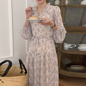 法式 韩国chic春季 新款 优雅V领满屏碎花系带收腰雪纺连衣裙长裙女