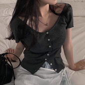 针织衫 韩国chic夏季 显瘦百搭短袖 气质V领单排扣弹力修身 上衣 法式