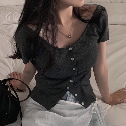 弹力修身显瘦百搭短袖针织衫上衣