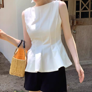 法式 款 赫本风荷叶摆无袖 女夏季 圆领收腰别致百搭上衣 衬衫 良良家