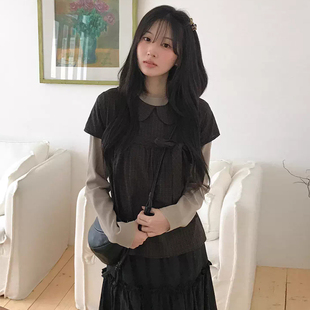 春季 衬衫 新款 纹蝴蝶结系带娃娃领短袖 上衣女 复古学院风格 良良家