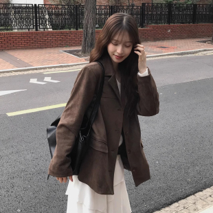 新款 外套女2025秋季 单排扣宽松上衣 复古翻领纯色仿鹿皮绒西装 美式