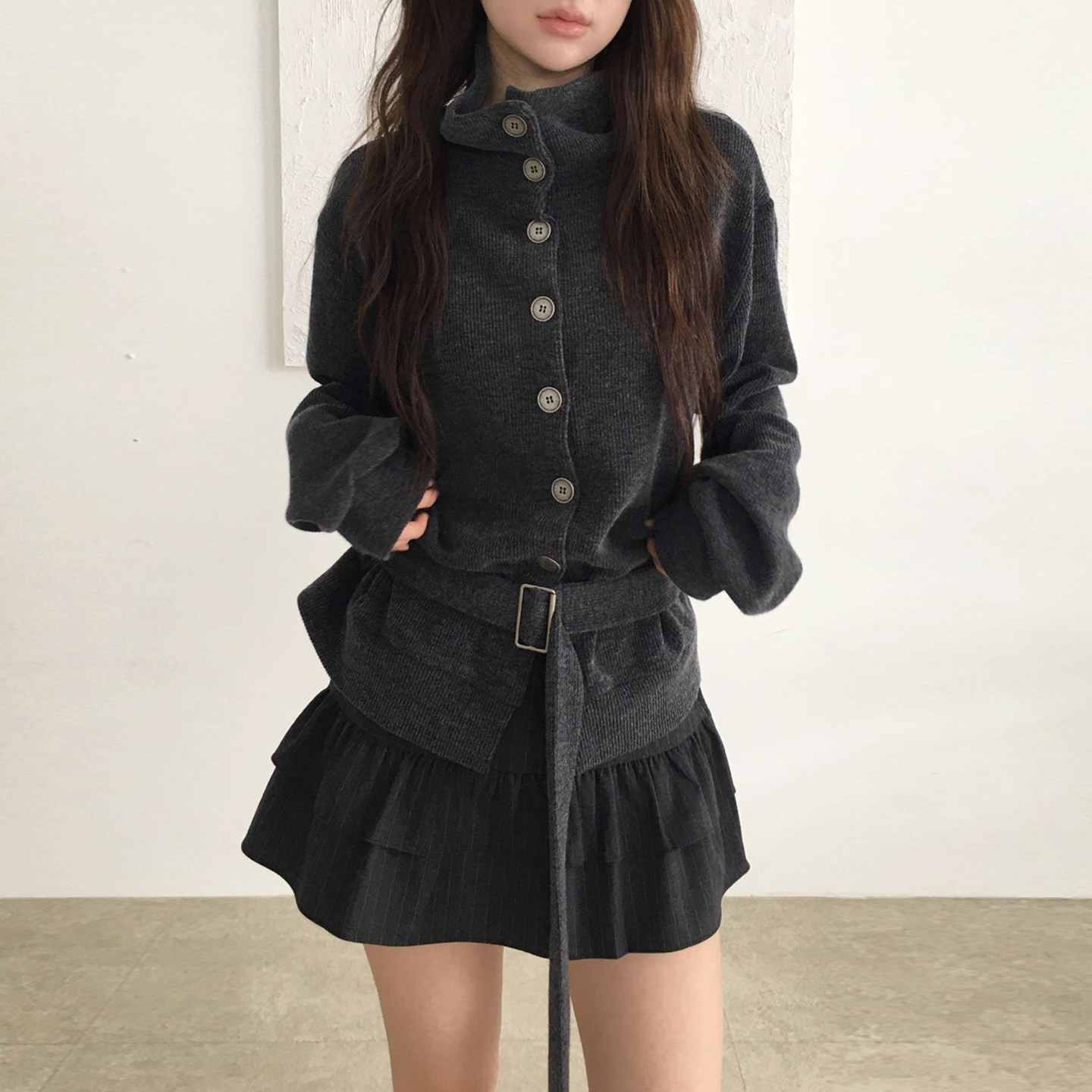 设计感绑高领单排扣针织开衫外套