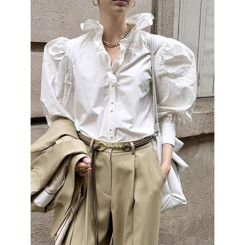 良良家洋气荷叶领白色衬衫女