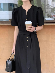 韩国chic夏季 连衣裙女 复古优雅V领金属单排扣绑带收腰显瘦泡泡袖