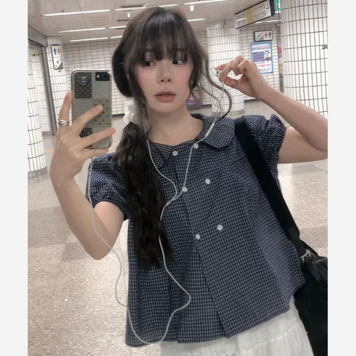 格纹娃娃领双排扣短袖衬衫上衣女