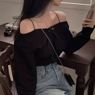 上衣 吊带衬衫 韩国chic春季 复古小众一字领露肩单排扣宽松百搭长袖