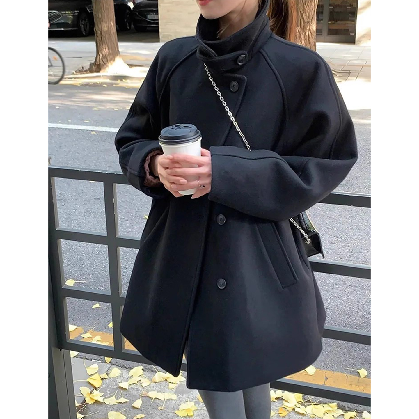 高级感立领单排扣毛呢大衣外套