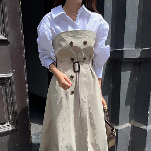 chic撞色拼接收腰衬衫式连衣裙女