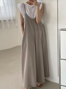 韩国chic夏季小众气质U领宽松休闲垂感细肩带休闲背带连体裤女