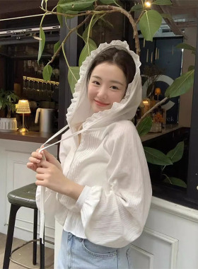 韩国chic夏季新款甜美减龄花边连帽收腰显瘦短款长袖防晒衬衫上衣