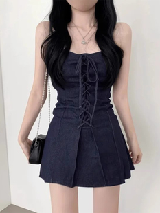 韩国chic夏季 复古设计感小众收收腰显瘦系带抹胸牛仔连衣裙短裙女