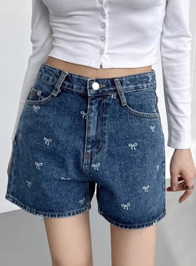 韩国chic夏季复古减龄高腰百搭刺绣蝴蝶结印花休闲阔腿牛仔短裤女