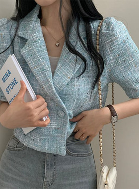 chic西装领泡泡袖粗花呢外套女