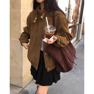复古立领仿麂皮绒暗扣百搭长袖 法式 夹克短外套女 新款 韩国chic秋季