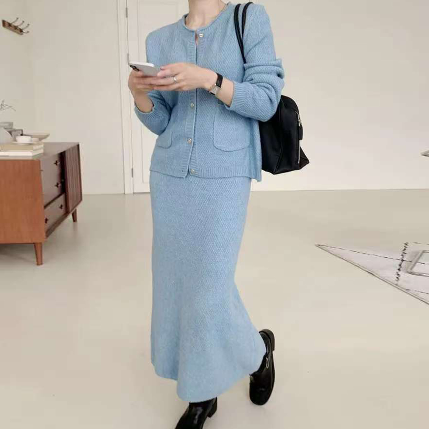 口袋毛衣开衫外套针织鱼尾半身裙