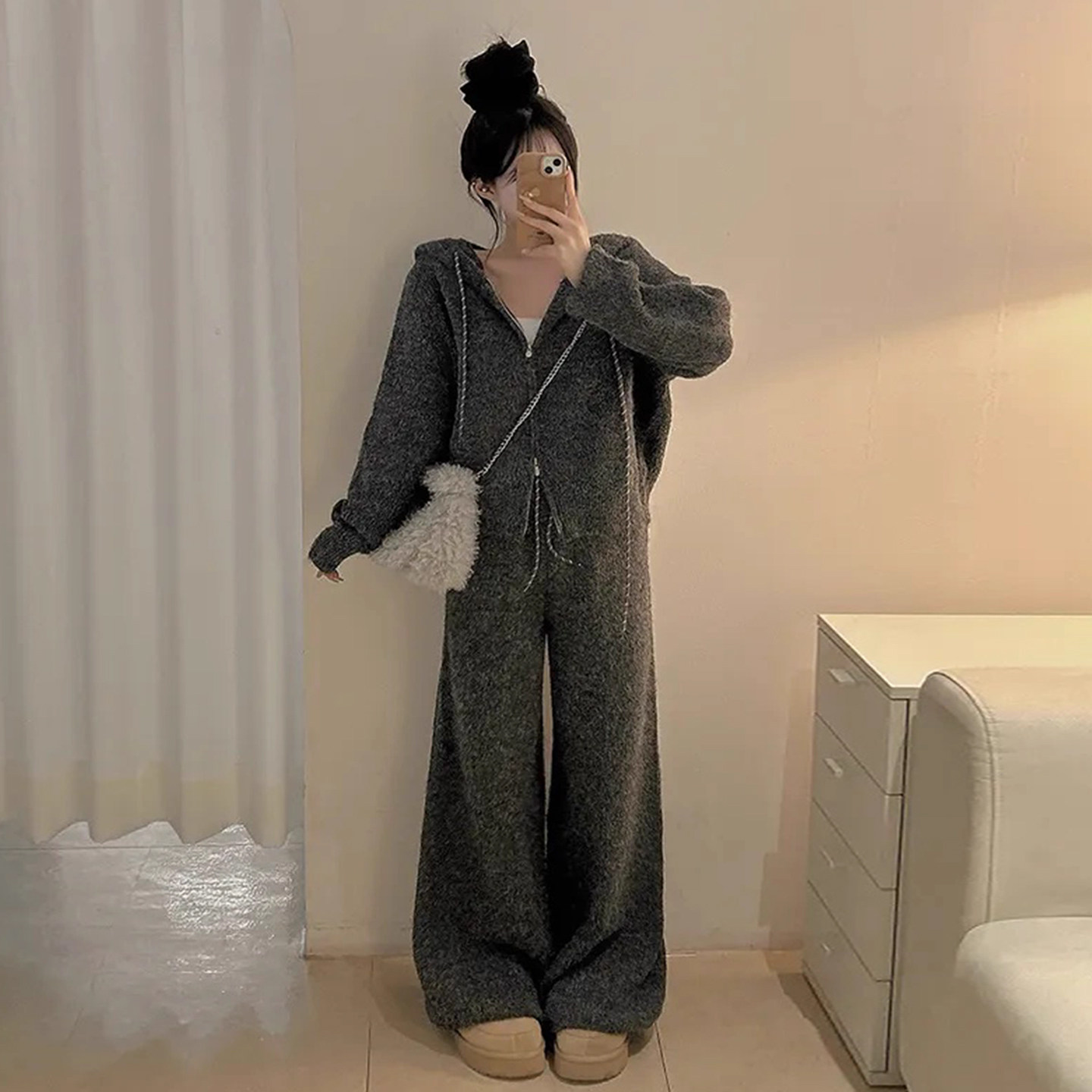 慵懒风软糯百搭连帽针织毛衣外套女2025秋冬高腰休闲长裤子两件套,女装/女士精品,时尚套装,淘宝优惠券,粉丝福利购,淘宝优惠卷