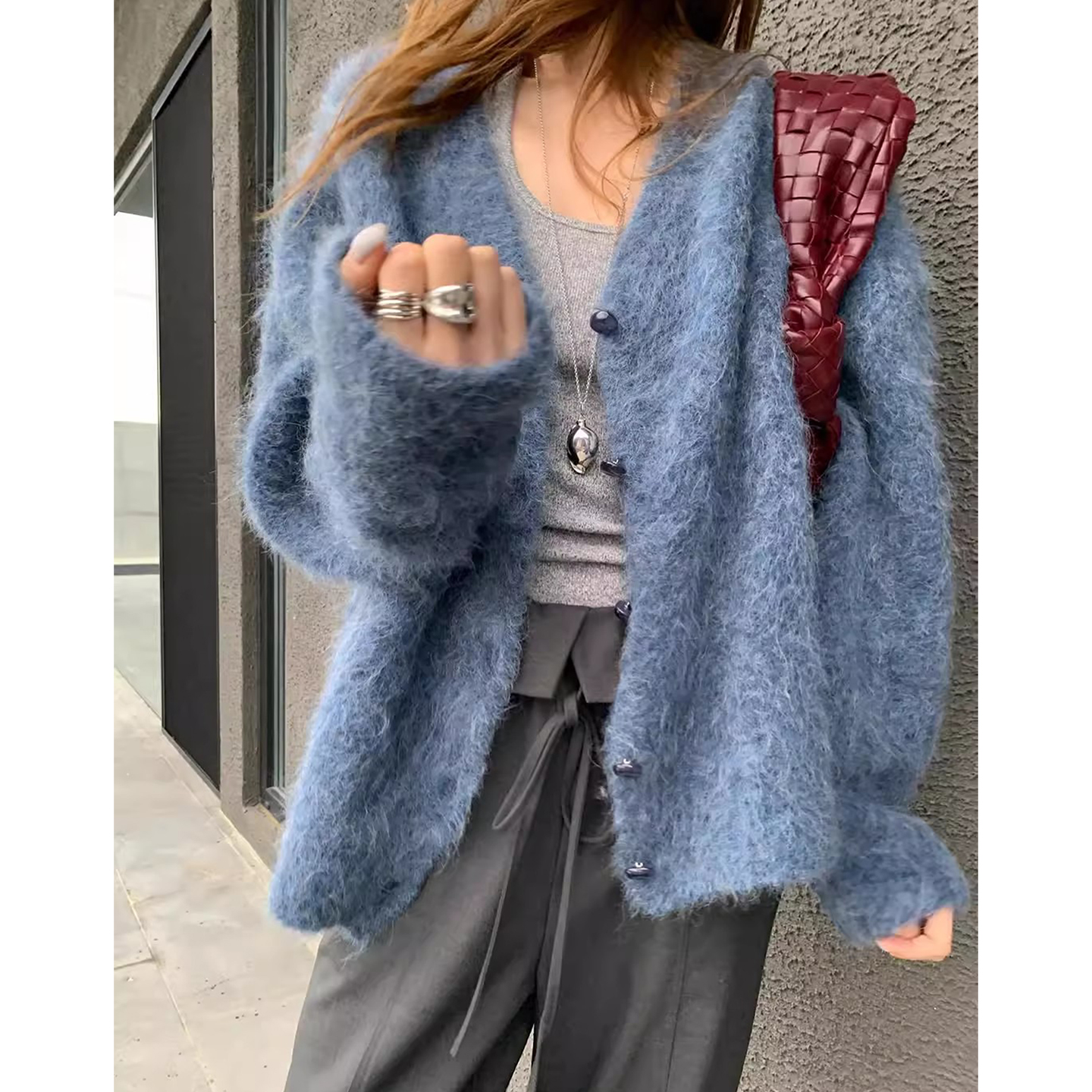 复古气质毛茸茸V领针织开衫外套