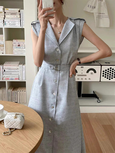 领单排扣系带收腰无袖 韩国chic夏季 气质西装 风衣式 法式 连衣裙女
