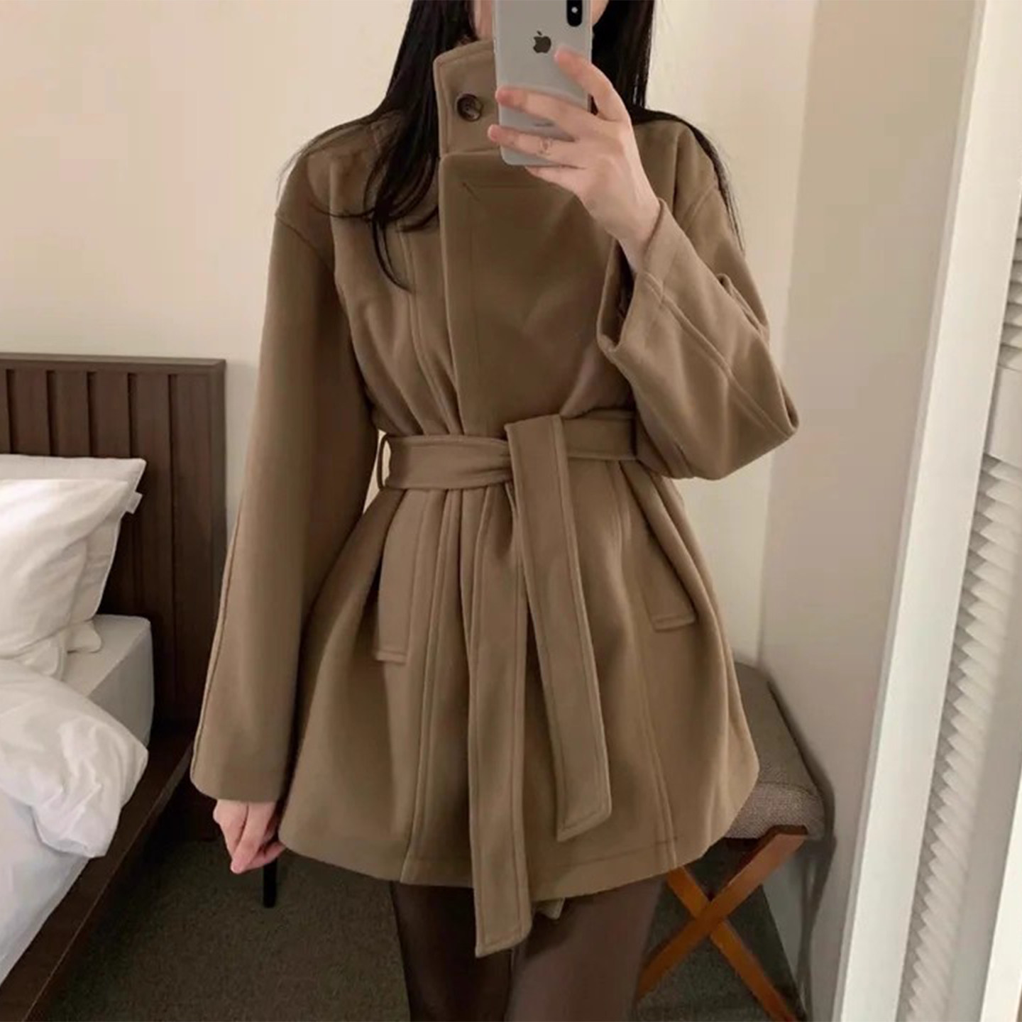 复古英伦风高领一粒扣呢子外套大衣女2025冬季新款绑带中长款上衣,女装/女士精品,毛呢外套,淘宝优惠券,粉丝福利购,淘宝优惠卷