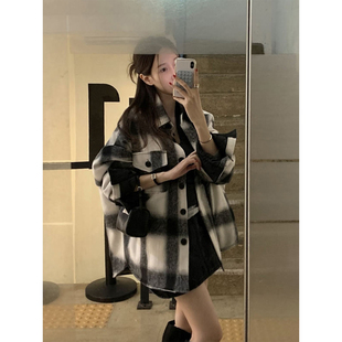 良良家加厚夹棉中长格纹款毛呢外套女秋冬季宽松小个子保暖大衣