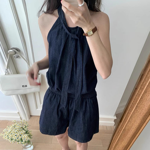 良良家复古小众挂脖飘带牛仔背心女夏季 两件套 新款 松紧腰阔腿短裤