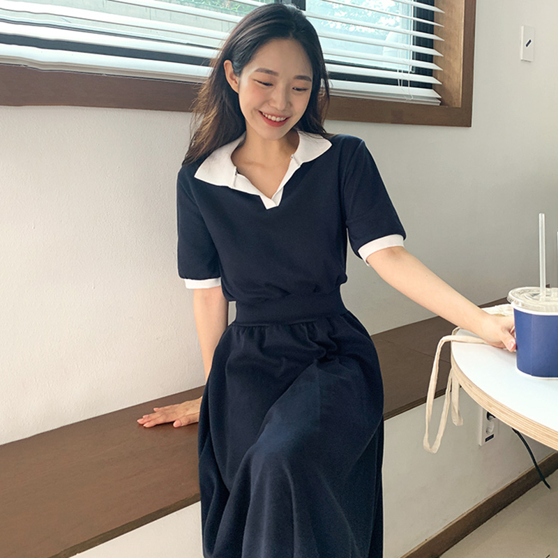 夏季气质polo束腰针织连衣裙长裙