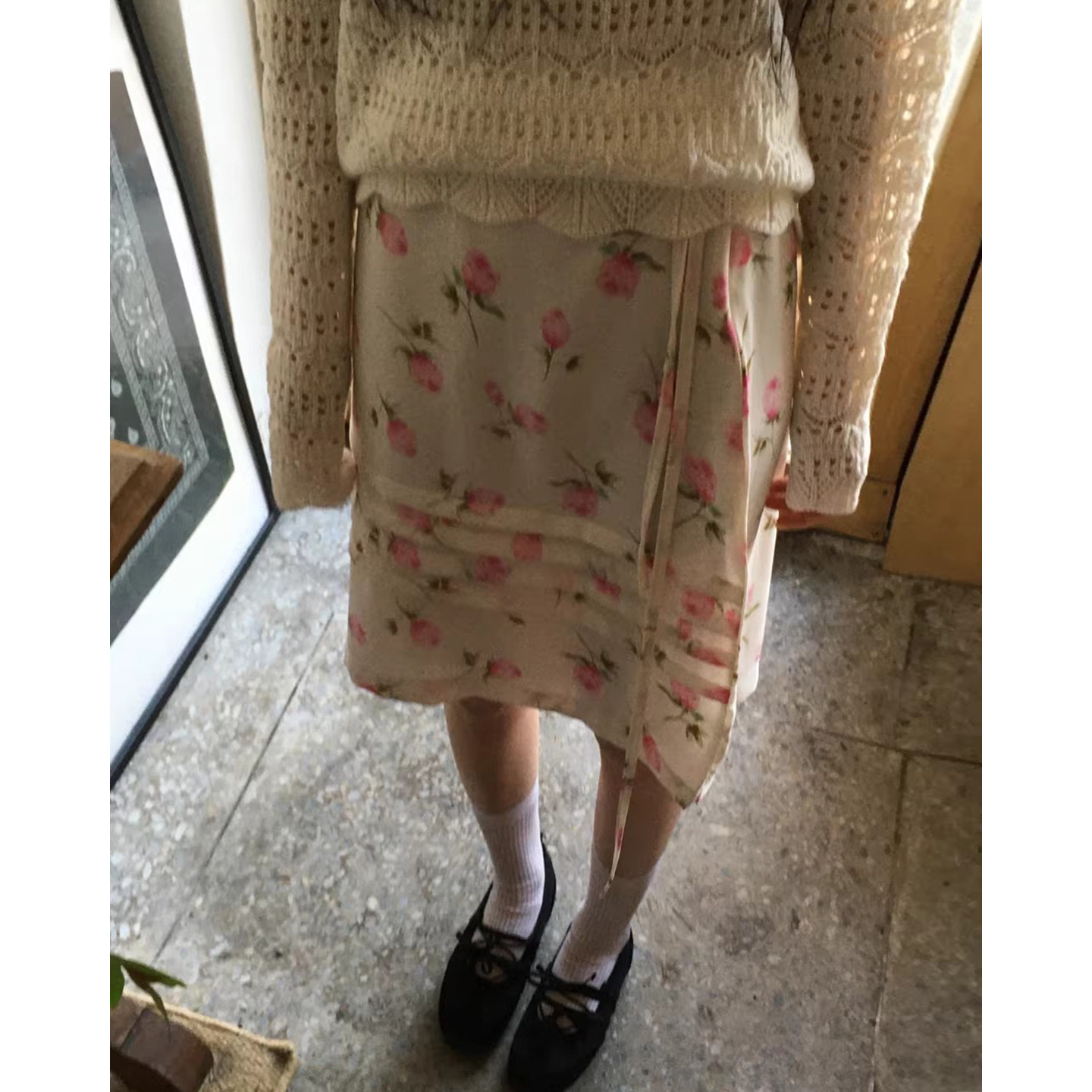 良良家 复古小众印花压褶雪纺半身裙女春季新款温柔显瘦系带短裙