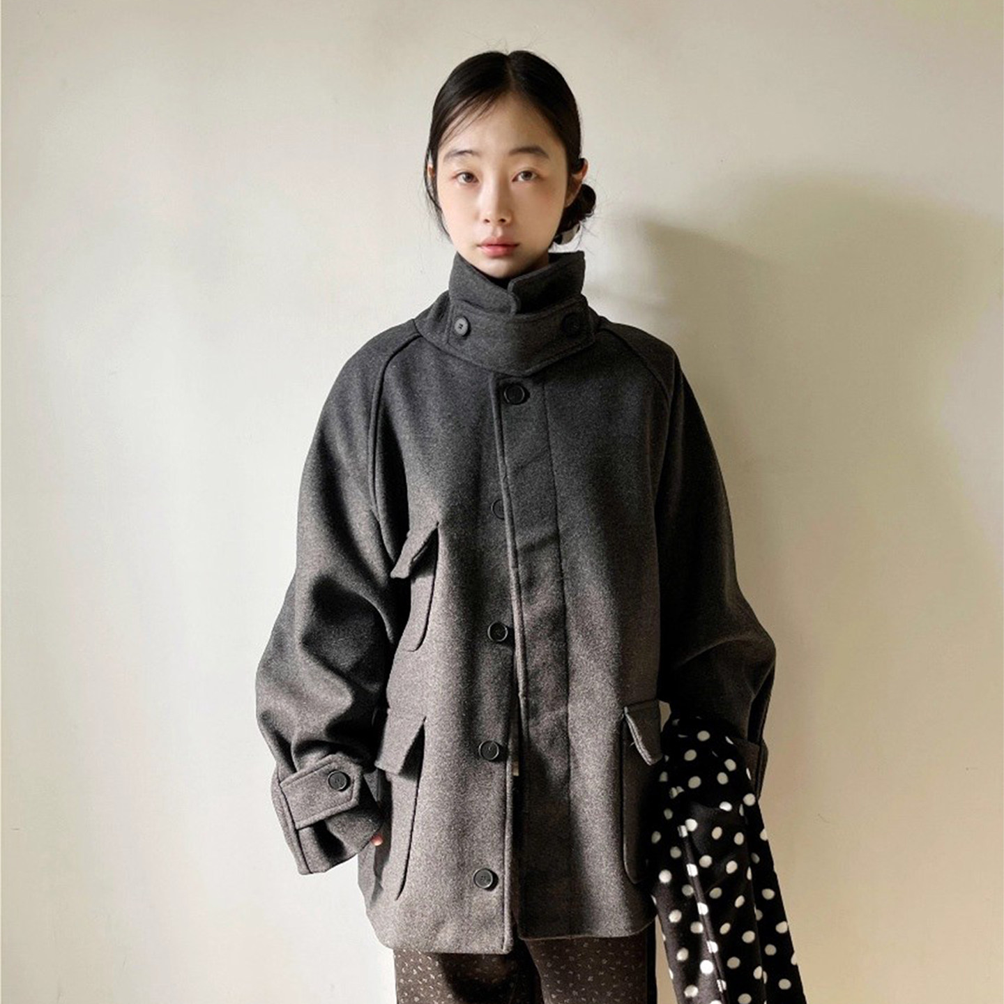 高级感立领多口袋中长款毛呢外套女秋冬新款小众复古宽松呢子大衣