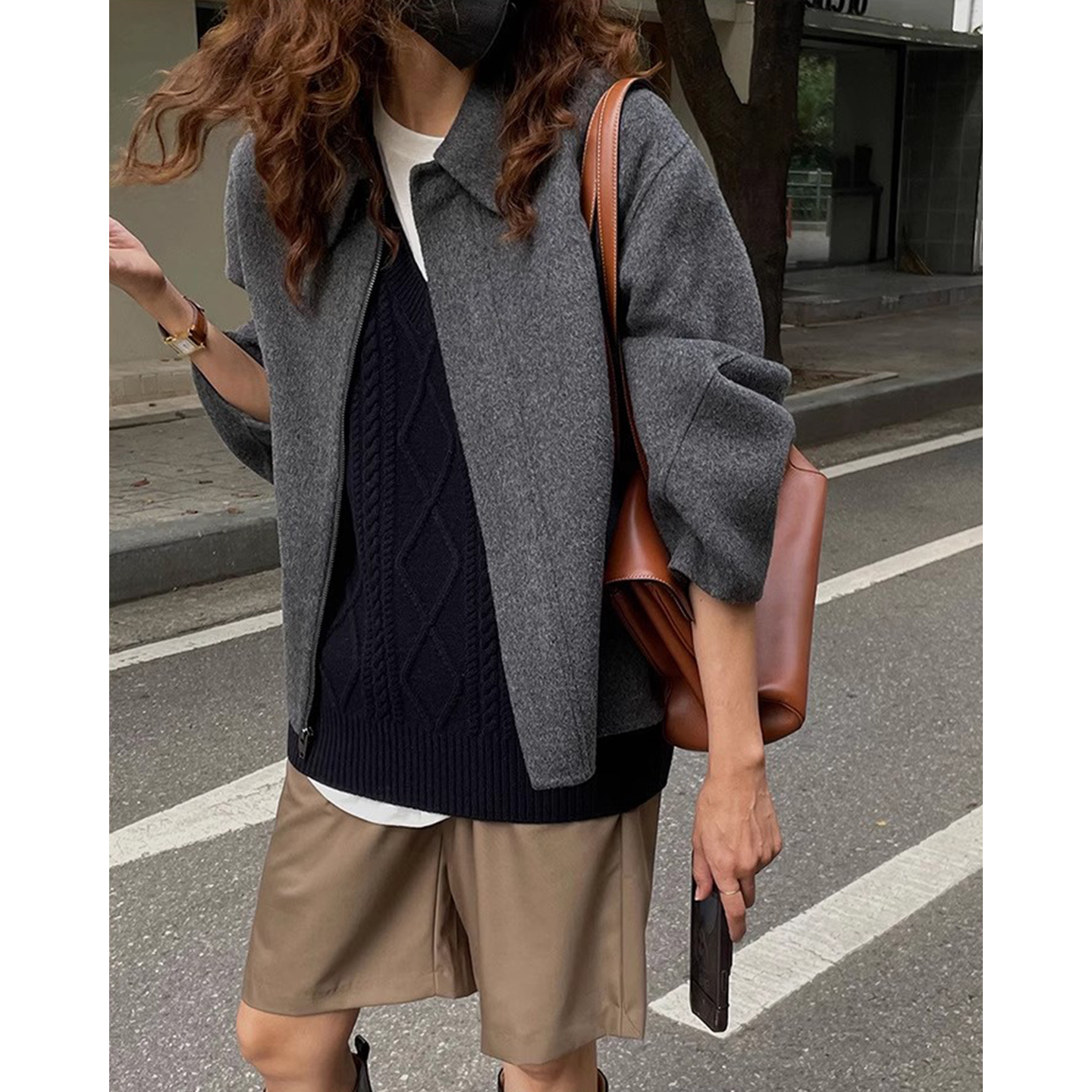 复古气质翻领拉链式纯色毛呢开衫外套女2025冬季新款宽松休闲上衣