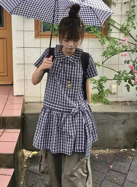 良良家学院风娃娃领撞色格子连衣裙女夏季新款复古系带蝴蝶结短裙